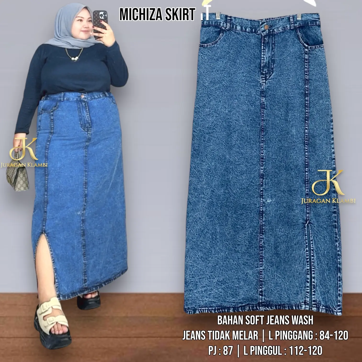 Rok Span Jeans Oversize Skirt Jumbo Jeans Estimasi BB 75-100KG Free Bros Elegan Nyaman Muslim | Juragan Klambi Wanita Panjang Bawahan