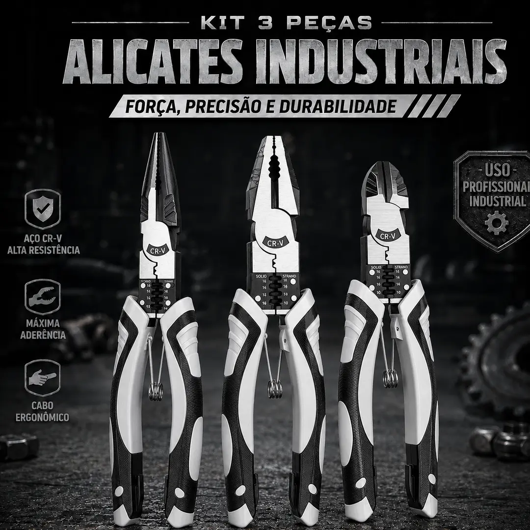 Alicate Eletricista Profissional 3 em 1 Aço CR-V Multifuncional Descascador Crimpador Cortador Ferramenta Manual Ergonômica Alta Resistência