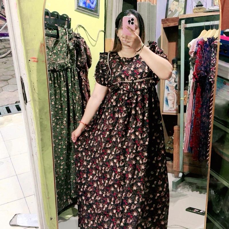 Daster Wanita Ara Log Busui Frenly Renda Rimpel Panjang 135cm - Arab, Pendek, Dress, Bumil, Kancing, Rempel, Rayon, Balon, Motif 0
