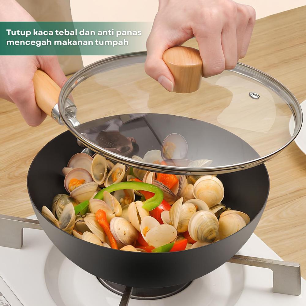 Aladin Wajan Penggorengan Anti Lengket + Tutup Kaca 24cm / 28cm | Fry Pan Premium Gagang Kayu