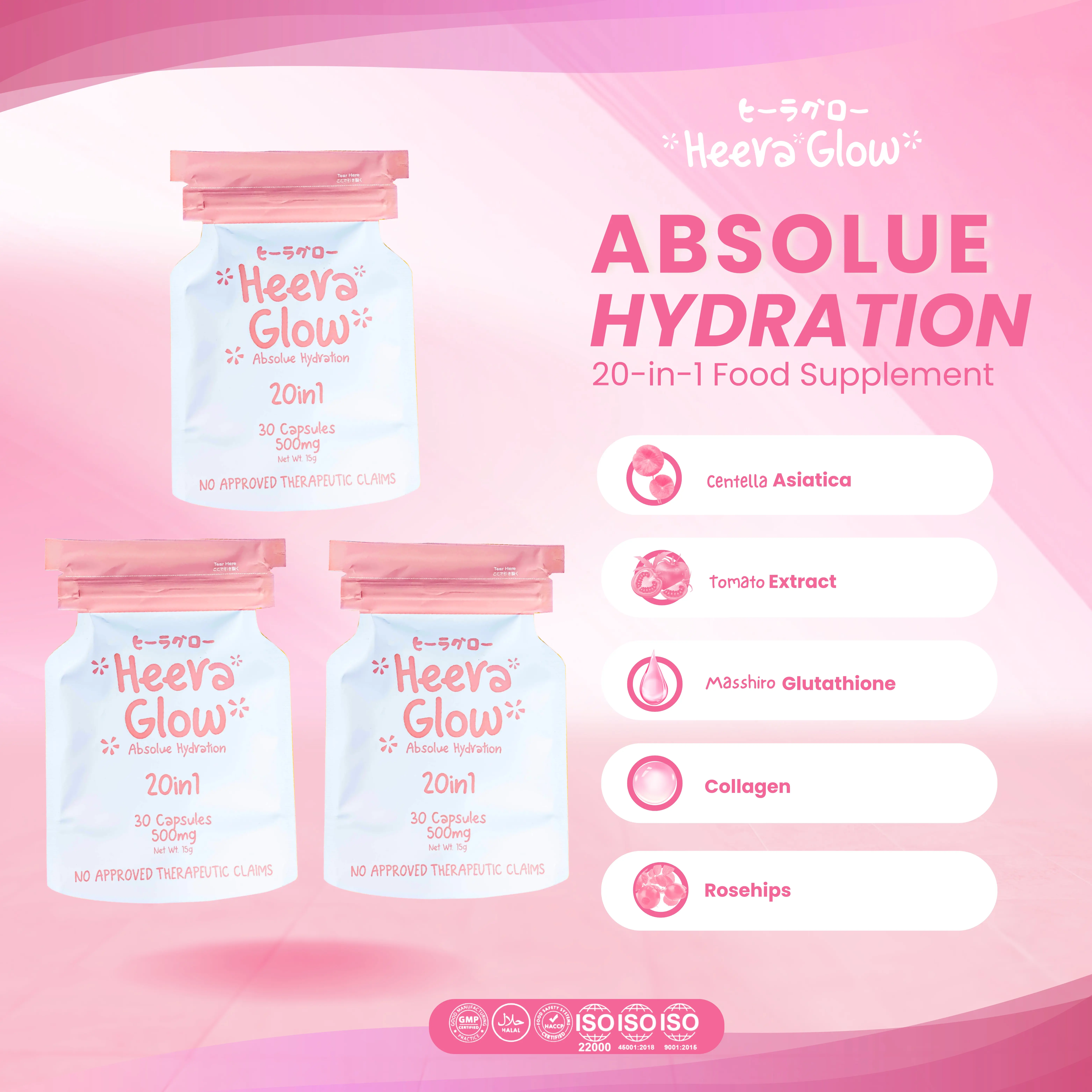 Heera Glow 20in1 Capsule 30 x 3 Capsule 500mg Glutathione Oral Sunblock  Healty glow affordable wellness