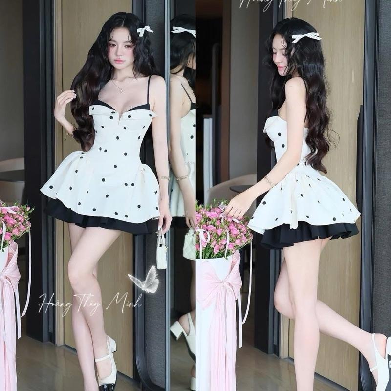  X4- SALE XÃ KHO HOẢ TỐC- KÈM QUẦN  Đầm 2 Dây Chấm Bi Dáng Xoè Phối Viền Đen Trẻ Trung Đáng Yêu-HoangThuyMinh97 