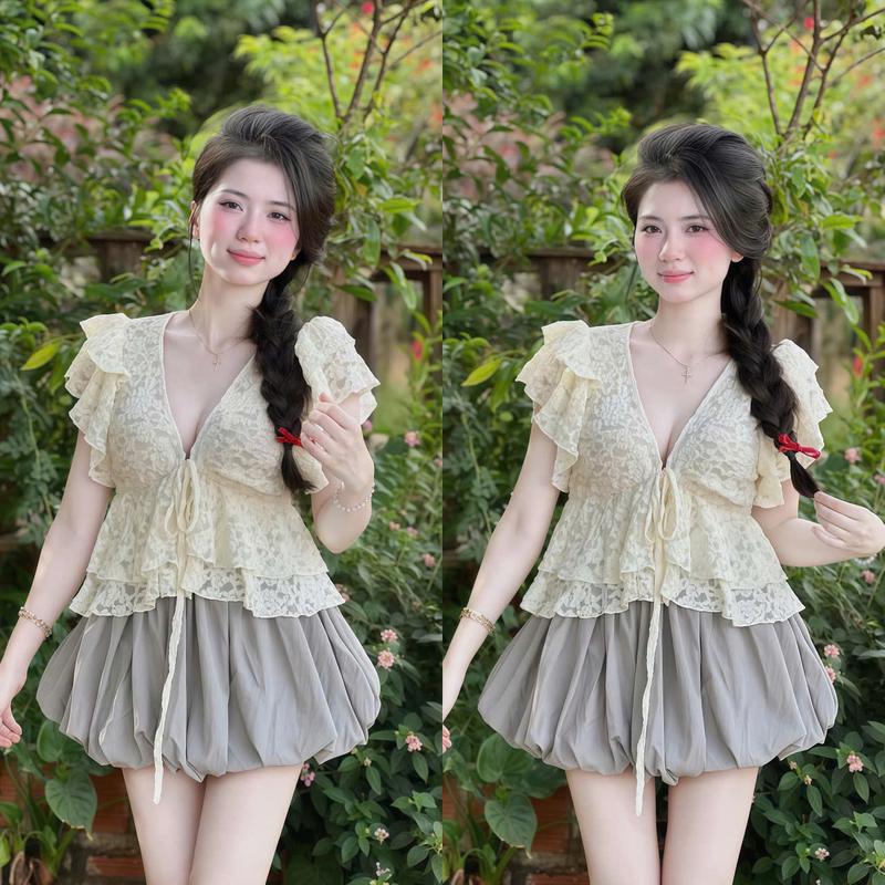 Set đồ nữ thiết kế chất qc áo ren hoa tay bèo cánh tiên cổ V cột nơ phối chân váy bí sang chảnh, dễ thương phù hợp cho các nàng diện đi tiệc, đi chơi, đi du lịch