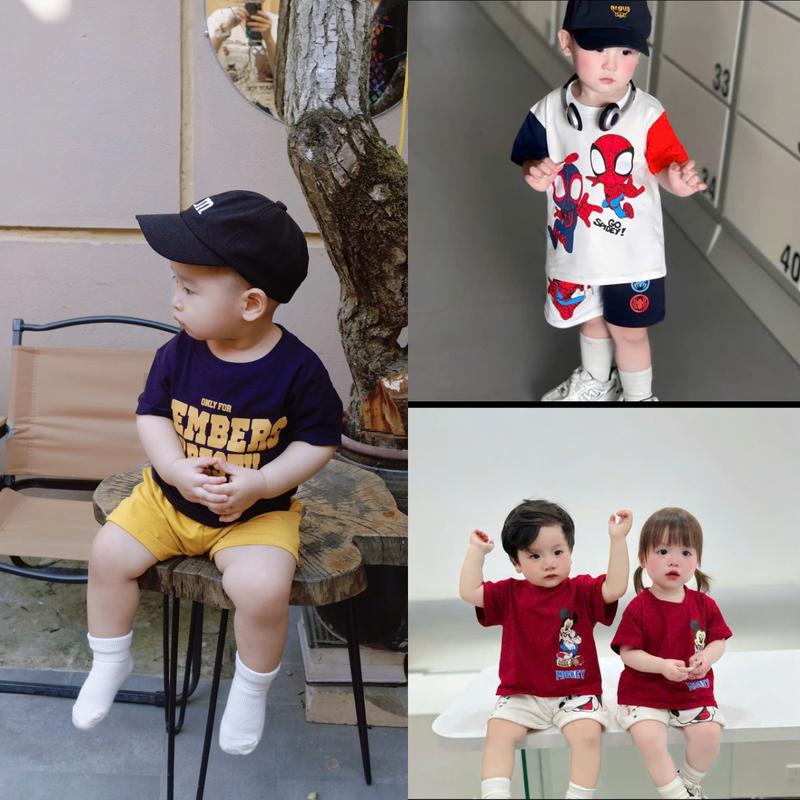 COMBO 2-3 bộ cộc tay bé trai và bé gái , đồ bộ cho bé họa tiết VIBES, SPIDERMAN, MICKEY , chất vải thoáng mát, size 8-30 kg
