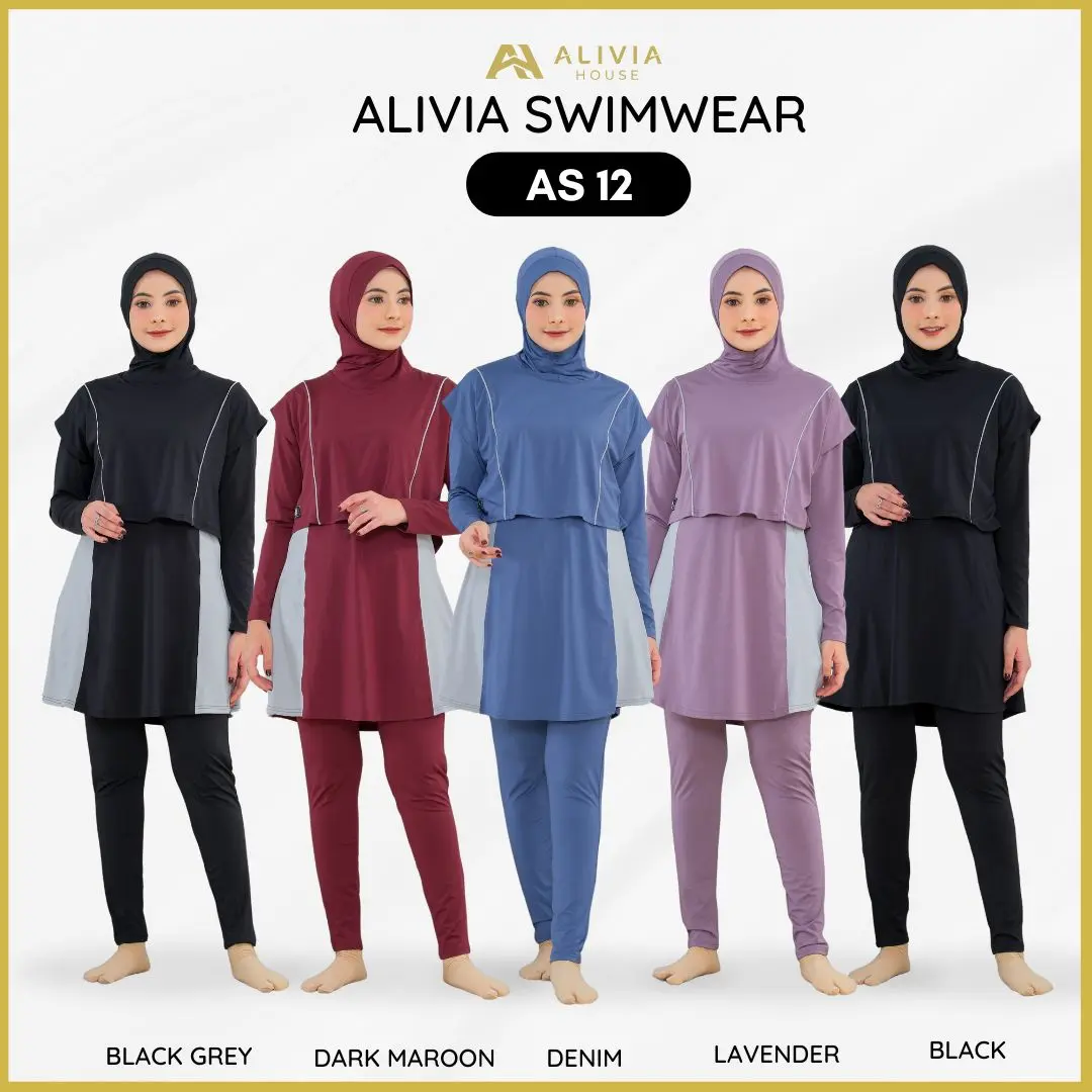 Alivia Swimwear AS 12 Baju Renang Muslimah Syari livina (nylon mix spandex) Dewasa Wanita Muslim Perempuan Remaja Swimwear Hijab Bahan Elastis Comfort Stretch Sun Protection