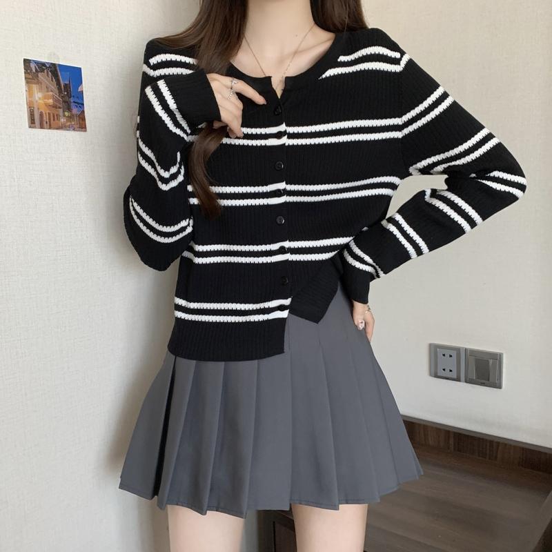 Áo Cardigan Dệt Kim, Thời Trang Thường Ngày Cổ Tròn, Áo Len Cropped Xén, Dành Cho Nữ, Bộ Sưu Tập Mùa Xuân Và Mùa Thu, Với Thiết Kế Sọc 3