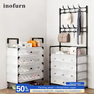 [3 in 1] Rak Sepatu Tertutup Transparan dengan Gantungan Baju Topi Tas Lemari Sepatu Plastik Susun Portable Multifungsi Stand Hanger Besi Kokoh Rakit Mudah Organizer Pintu Masuk Rumah Minimalis Aesthetic Murah COD