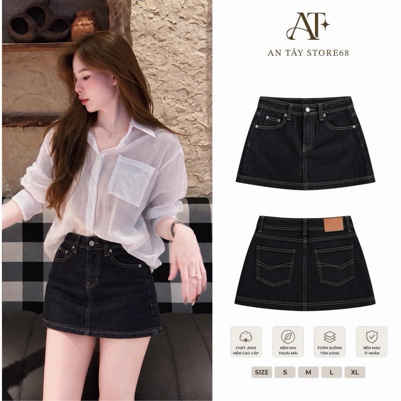 Chân Váy Jean Ngắn AN TÂY - Vải Jean Mềm QCCC Có Quần Trong Form A, Cạp Cao, Hack Dáng Tôn Eo, Vải Denim Đẹp #8882 Màu Xanh Than