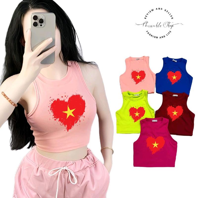 Áo Thun Tank Top 3 Lỗ Croptop Dáng Ngắn Form Ôm Body Nữ In Hình Tim Đỏ Sao Vàng - Miriahu Shop Daily (aocroptop, aoxinh, aothun, áoxinhcógu, Áo Thun Ôm Tôn Dáng)