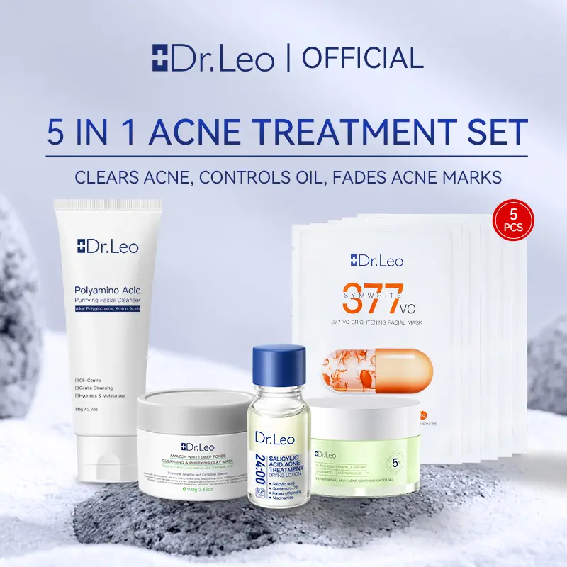 Dr.Leo Comprehensive Acne Treatment Set-Salicylic Acid Acne Treatment Drying Lotion+Polyamino Acid Purifying Facial Cleanser+White Clay Deep Pores Cleansing Clay Mask+5% Panthenol Anti-Acne Moisturizer+377 VC Brightening Facial Mask*5pcs Kulit  Skincare