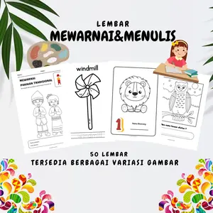 LEMBAR MEWARNAI DAN MENULIS 50 lembar,dengan berbagai tema.