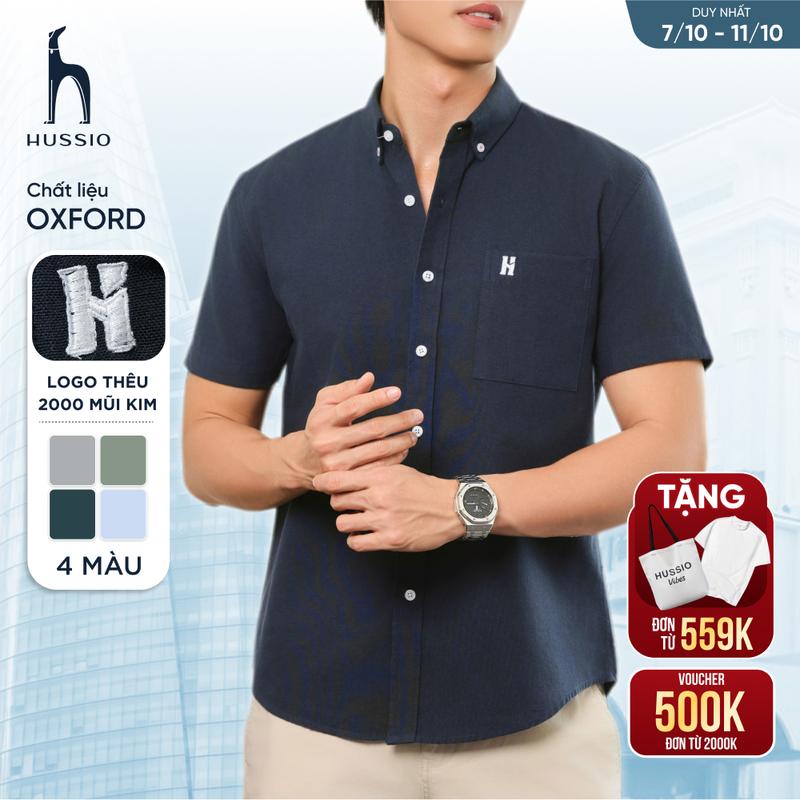 Áo sơ mi sọc nam tay ngắn LOGO H SEASON 2 vải Oxford cao cấp, sang trọng, thanh lịch - HUSSIO