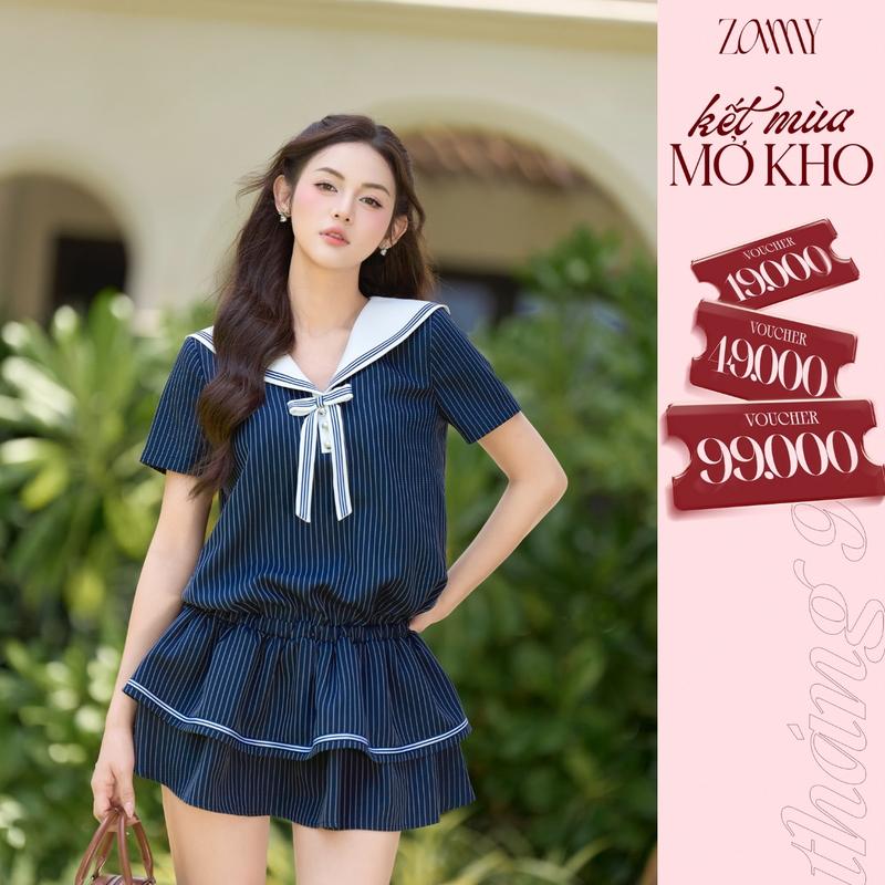 Jump TK sọc xanh cổ trắng-VN25-T3-25 nữ tiểu thư thanh lịch đi làm đi chơi dạo phố dáng xinh SET váy ngắn phong cách học đường