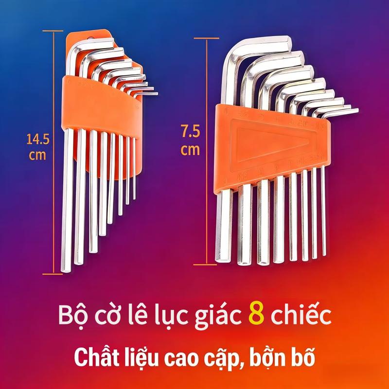 Bộ cờ lê lục giác 8 món đầu phẳng, mạ niken cứng, dài và ngắn, đa chức năng