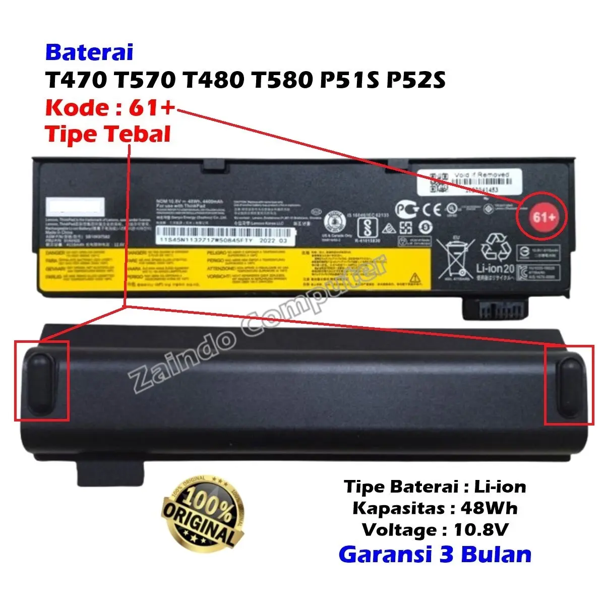 BATERAI LENOVOo THINKPADd 61+ T470 T480 T570 T580 P51S P52S A475 A485 TP25 T470 T570 T480 T580 TP25 P51S P52S KODE 61+ TIPE TEBAL