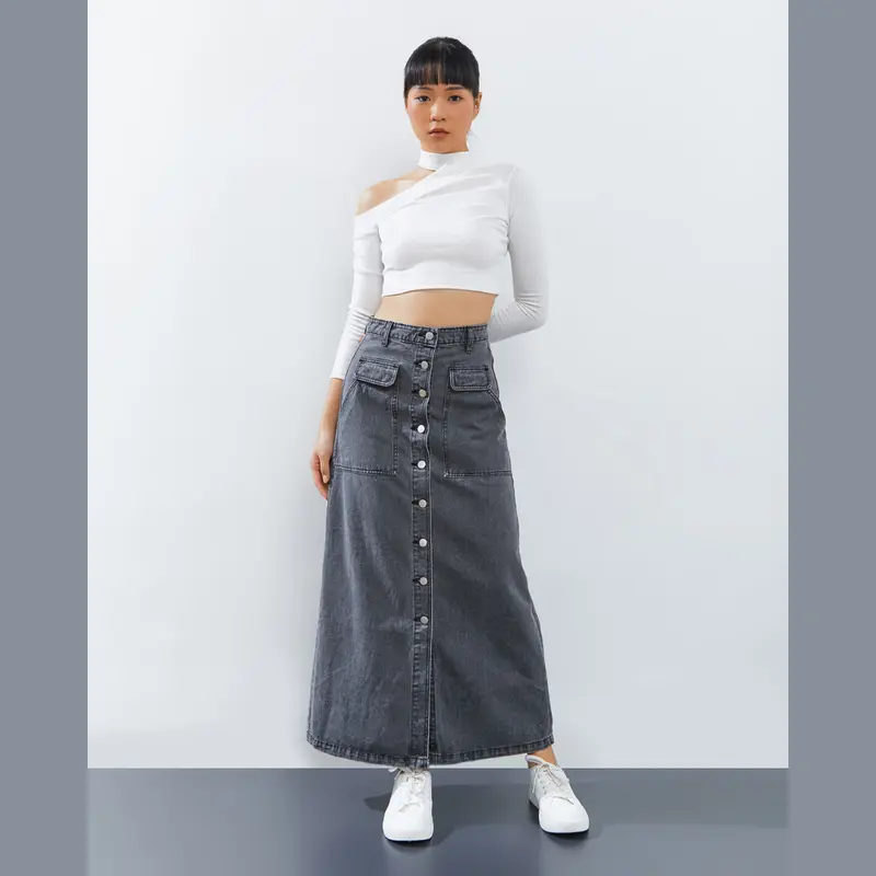 Onetta -  HARPER (Light Grey) - Rok Jeans  Maxi Panjang  Denim Wanita  Kerja High Waist A Line Hijab Friendly Motif Kancing 1