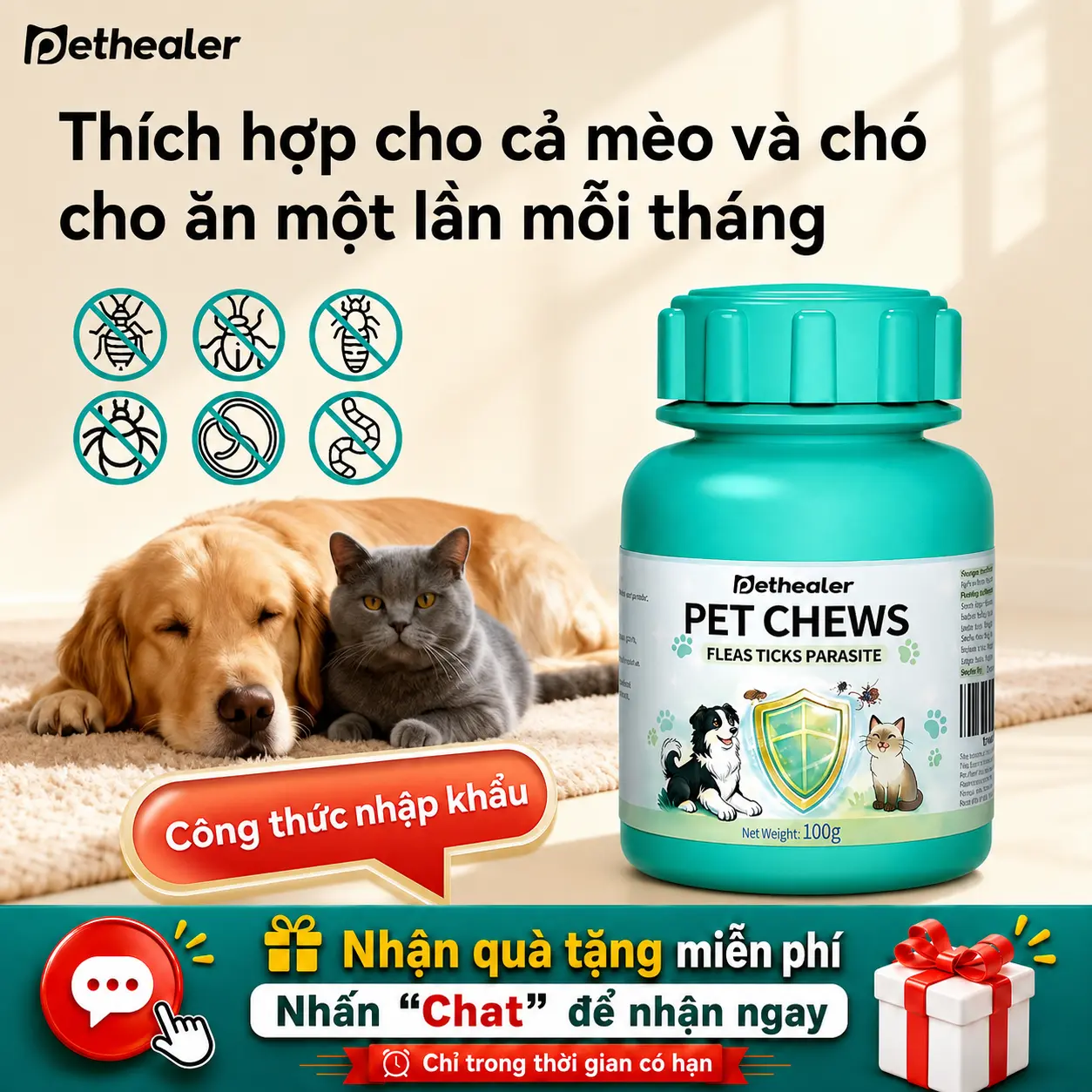 Pethealer Snack Tẩy Giun Cho Chó Mèo – Viên Nhai Thịt Gà Hỗ Trợ Diệt Ký Sinh Trùng, Bọ Chét Ve, Dễ Ăn 100g