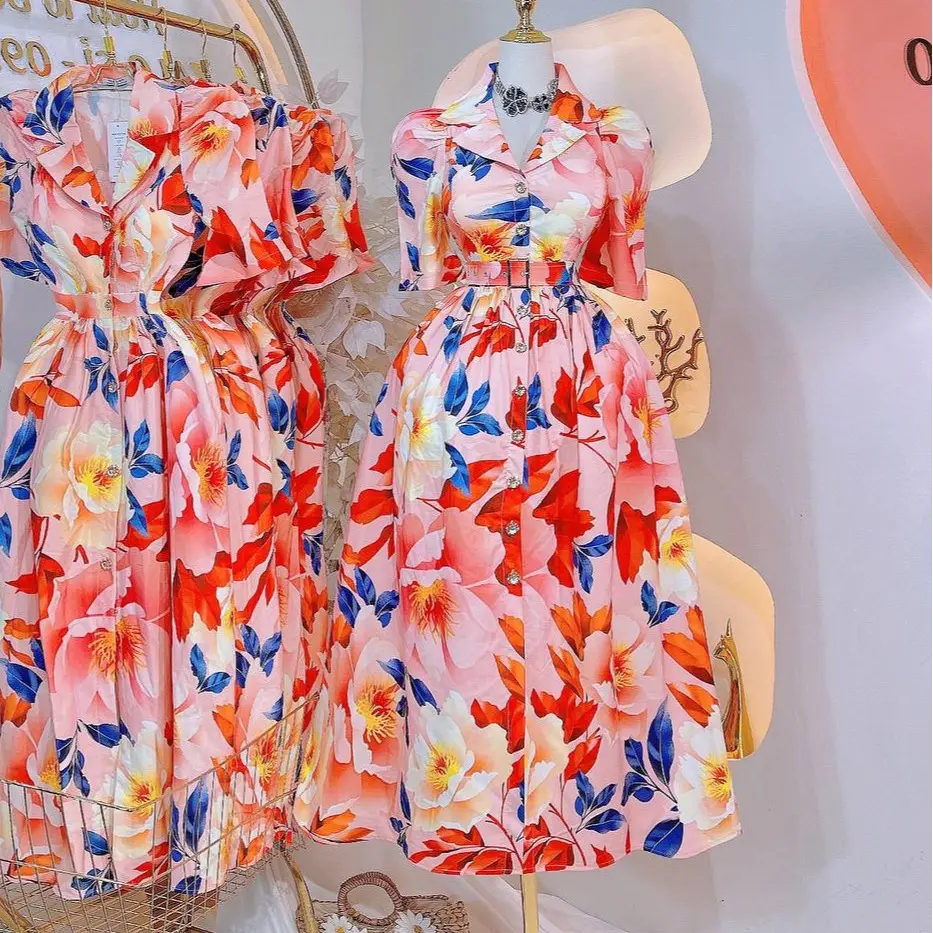 ILFH P160 Vintage Style Rare Pieces Vietnam Short Sleeves Maxi Dress with Pockets