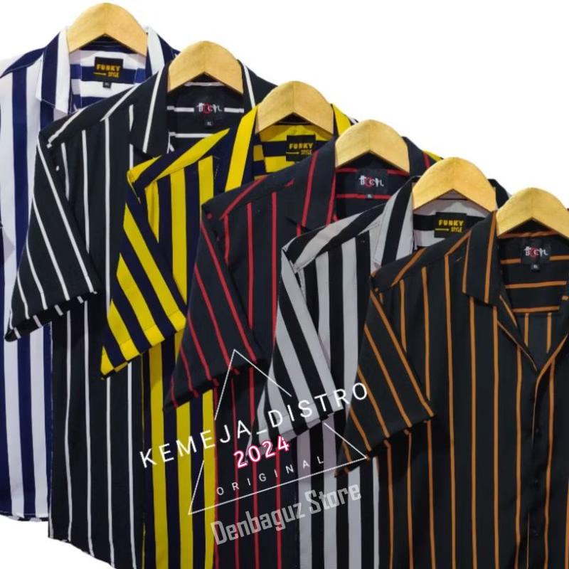 Product Introduction of Kemeja Salur Stripe Unisex Lengan Pendek Hem Kasual V Neck Garis Distro 18