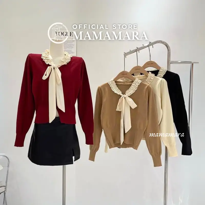 MAMAMARA - Atasan Rajut Blouse Wanita Leher Pita Syal Round Neck Simple 1