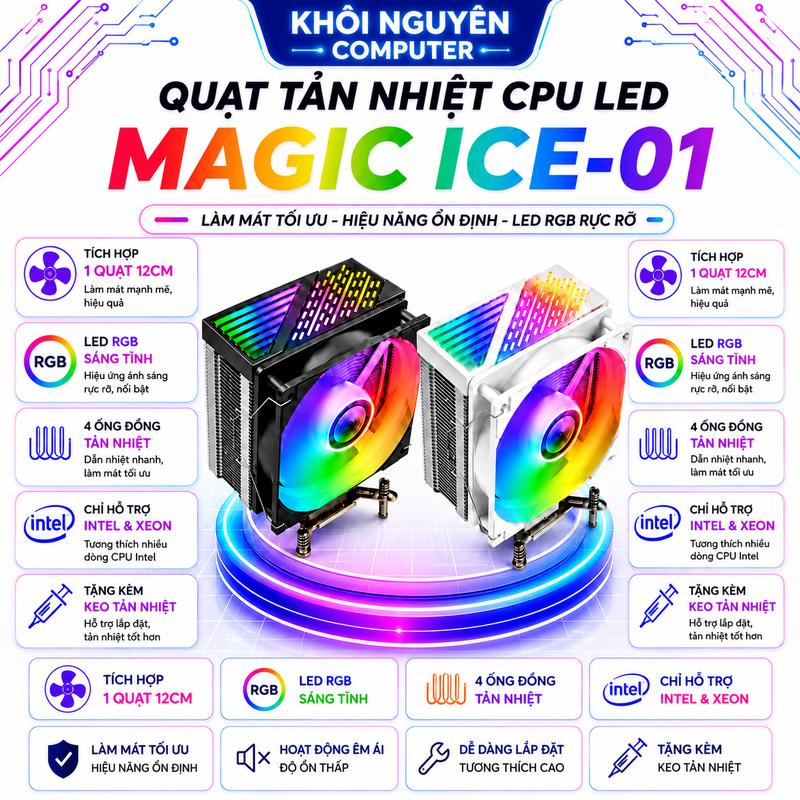 Tản Nhiệt CPU Magic ICE-01 RGB 4 Ống Đồng Quạt 12cm Điều Tốc Hỗ Trợ Intel Xeon…