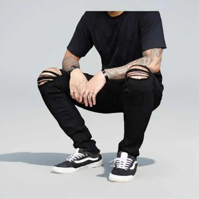 Celana Jeans Pria Handmad Bandung dengan Gaya Sobek Lutut yang Stylish Ripped Panjang Slimfit Tebal Skinny Hitam Stretch Pensil Denim Hitam celana Pendek Dewasa Distro 0
