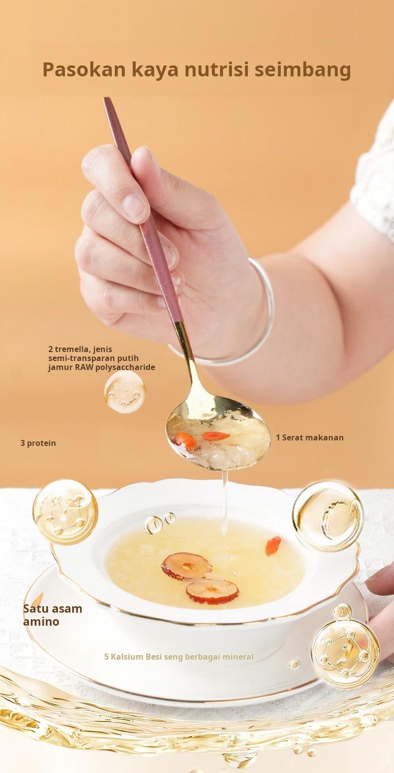 Sarapan instan, tidak perlu dimasak, sup kurma merah, beri goji, umbi bunga lili, dikemas individual, bisa diminum kapan saja, kaya kolagen, perawatan kulit, mendukung pencernaan, sehat & rendah gula.