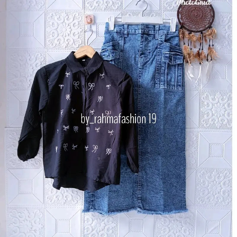 Setelan Kemeja Pita Kancing Fuul Dan Bawahan Rok Jeans Variasi Saku Depan Usia 8_11 Tahun 4