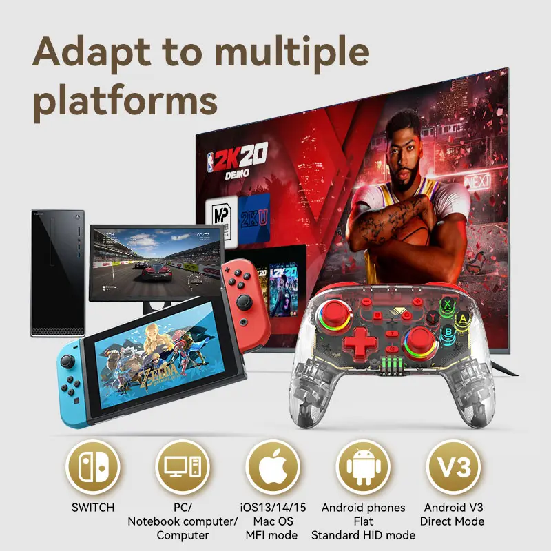 Bộ điều khiển chuyển đổi không dây cho Nintendo Switch, PS4, PC, IOS, Android, bộ điều khiển Switch Pro với đèn RGB, nút quay lại có thể lập trình, động cơ rung kép Wake-up Turbo, cảm biến chuyển động con quay hồi chuyển 6 trục Phụ Kiện Chơi Điện Tử 5