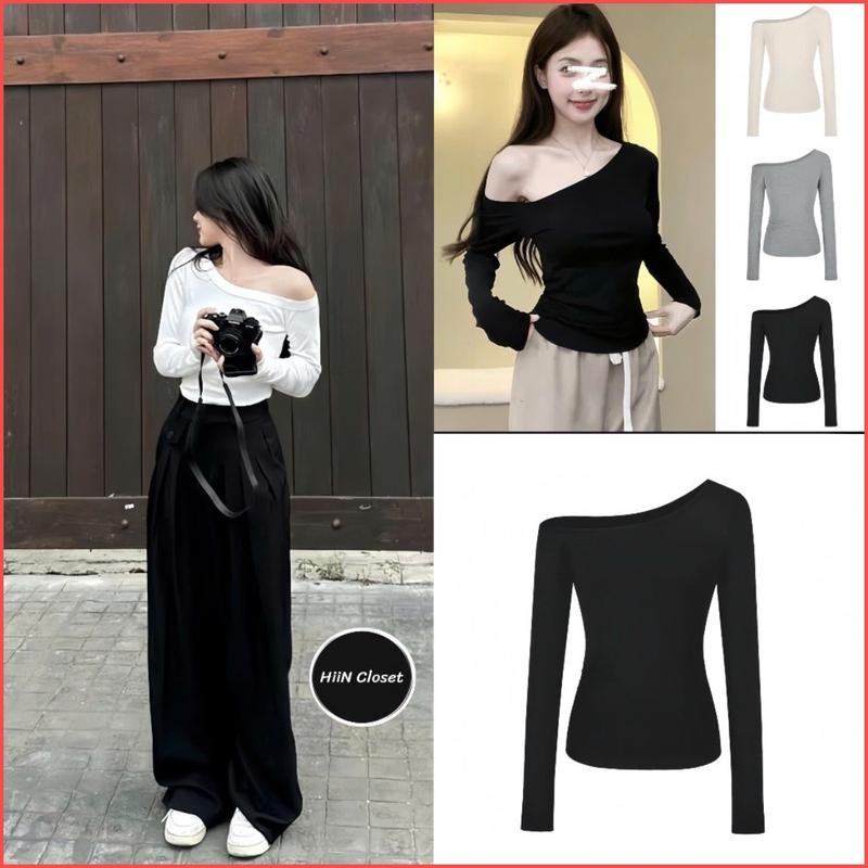 Áo thun nữ dài tay trễ vai ôm body - Áo thun lệch vai chất tăm lạnh HiiNClothing