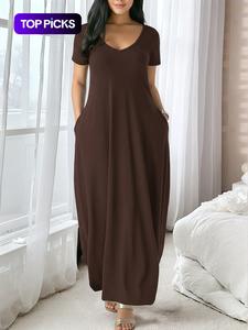 Vestido largo color café para mujer, cuello redondo grande, manga corta y bolsillo; ropa de dormir casual para casa, tejido suave, apto para todas las estaciones.