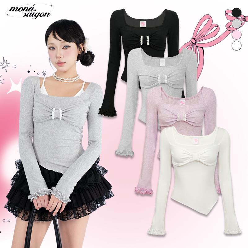 Áo thun ôm nữ tay dài cổ vuông phối nơ MONÁ - SOFTY TOP
