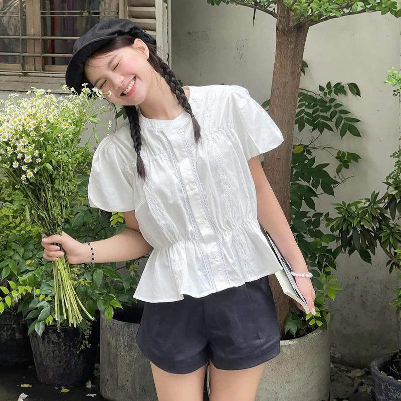 Áo sơ mi kiểu babydoll tay bí phối ren Mide - by Vintagevibes.