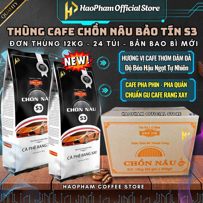 Bao Bì Mới - Thùng Cafe Chồn Nâu Đen S3 (12kg) - (24 Túi Đen) - Cafe Rang Xay, Chuẩn Vị Pha Phin, Hương Thơm Đậm Đà, Gu Cafe Mạnh Đen Đá