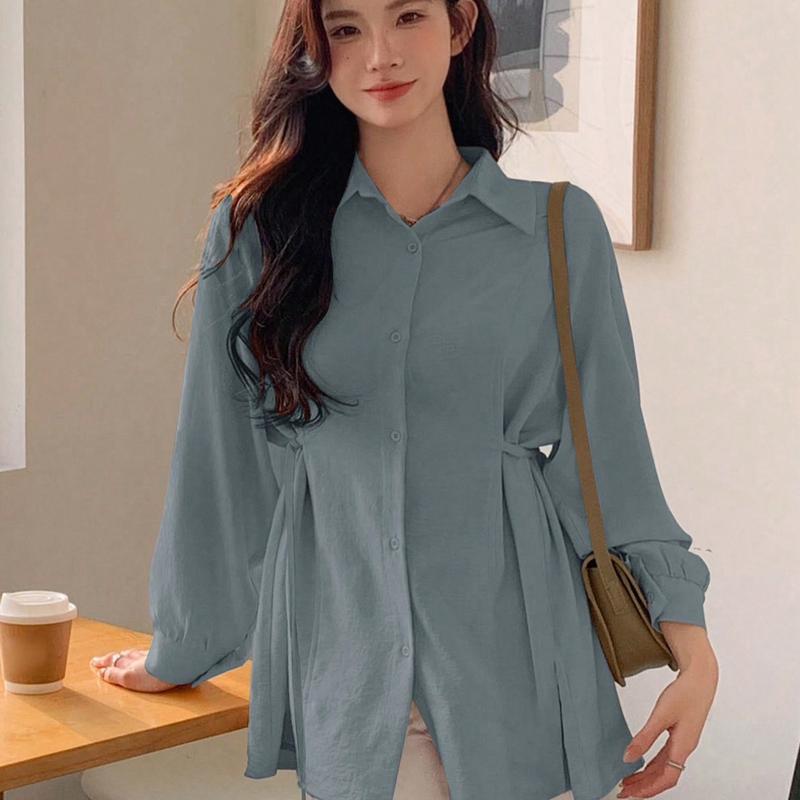 Kemeja Sakura Polos Atasan Wanita Oversize Bahan Crinkle Korean Style Terbaru kancing Panjang Baju Fit Tangan 7