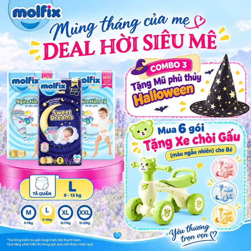 Combo 3 gói ngăn tràn ngừa hăm_ 2 gói Tã/bỉm quần Molfix Oxy Super Jumbo ngừa hăm + 1 gói Tã quần Molfix Sweet Dreams CHỐNG TRÀN HIỆU QUẢ đủ các size