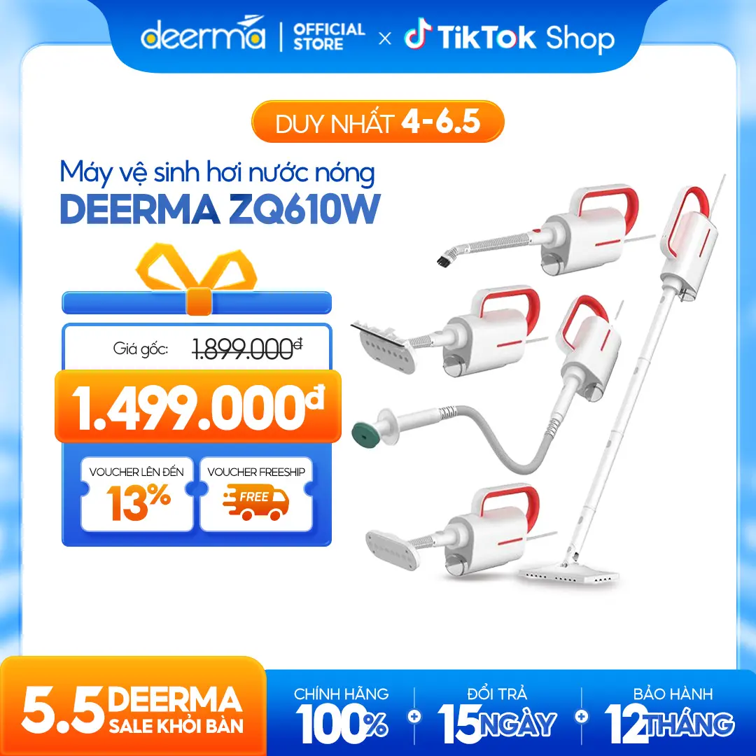 Máy vệ sinh hơi nước nóng Deerma ZQ610 đi kèm 5 bàn chải đa năng làm sạch mọi vết bẩn - Bảo hành 12 tháng