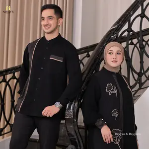 Ninos Design Sarimbit Couple Ekslusif Rayyan Koko & Rayanna Dress Muslim Motif Bordir Bunga Salur Mewah Elegan Koko Hitam Gold