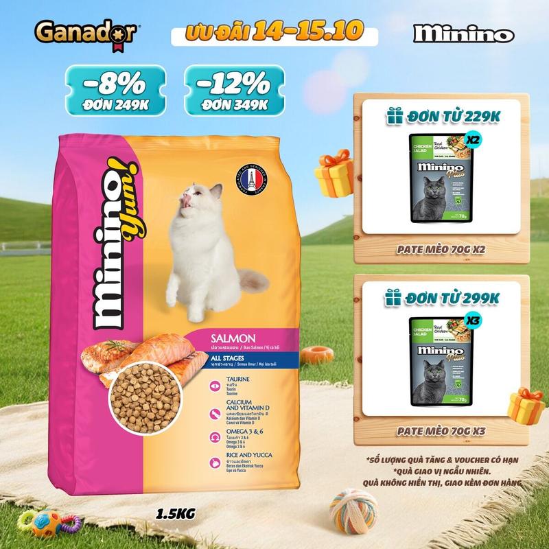 Thức ăn hạt Minino Yum cho mèo vị Cá hồi/Hải sản/mực 1.5kg