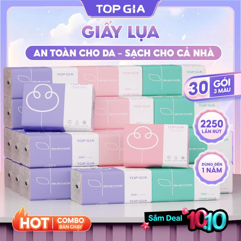 [LIVE QUÀ TẶNG ĐỘC QUYỀN] Thùng 30 gói giấy rút Topgia, khăn giấy tiện lợi Giấy Ăn Topgia Giấy Vệ Sinh 3 màu 4 lớp F0100