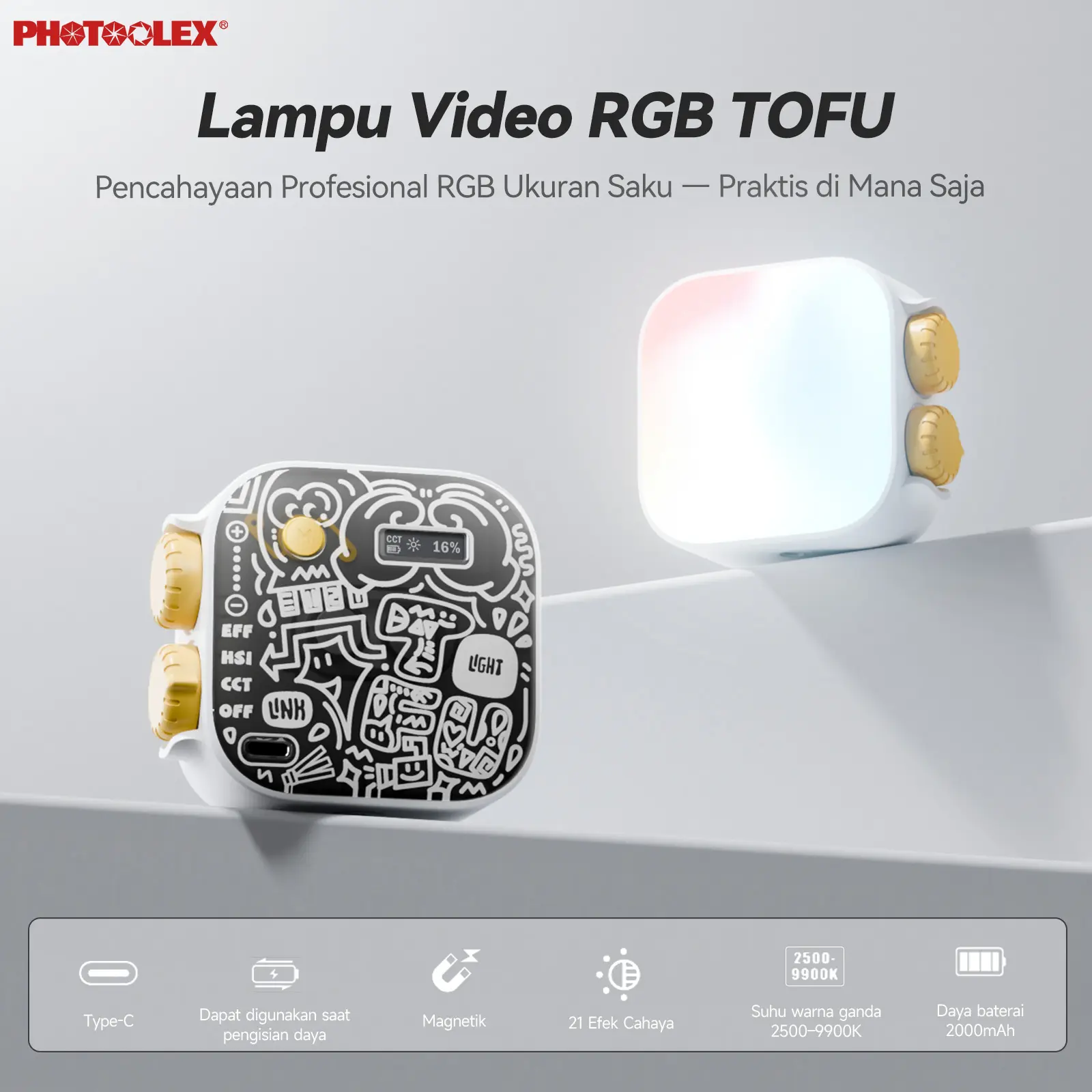 PHOTOOLEX TOFU Lampu Kamera LED Portabel Lampu Kamera Ponsel RGB Pencahayaan Fotografi 2500-9900K 2000mAh Lampu Saku 360 ° Penuh Warna