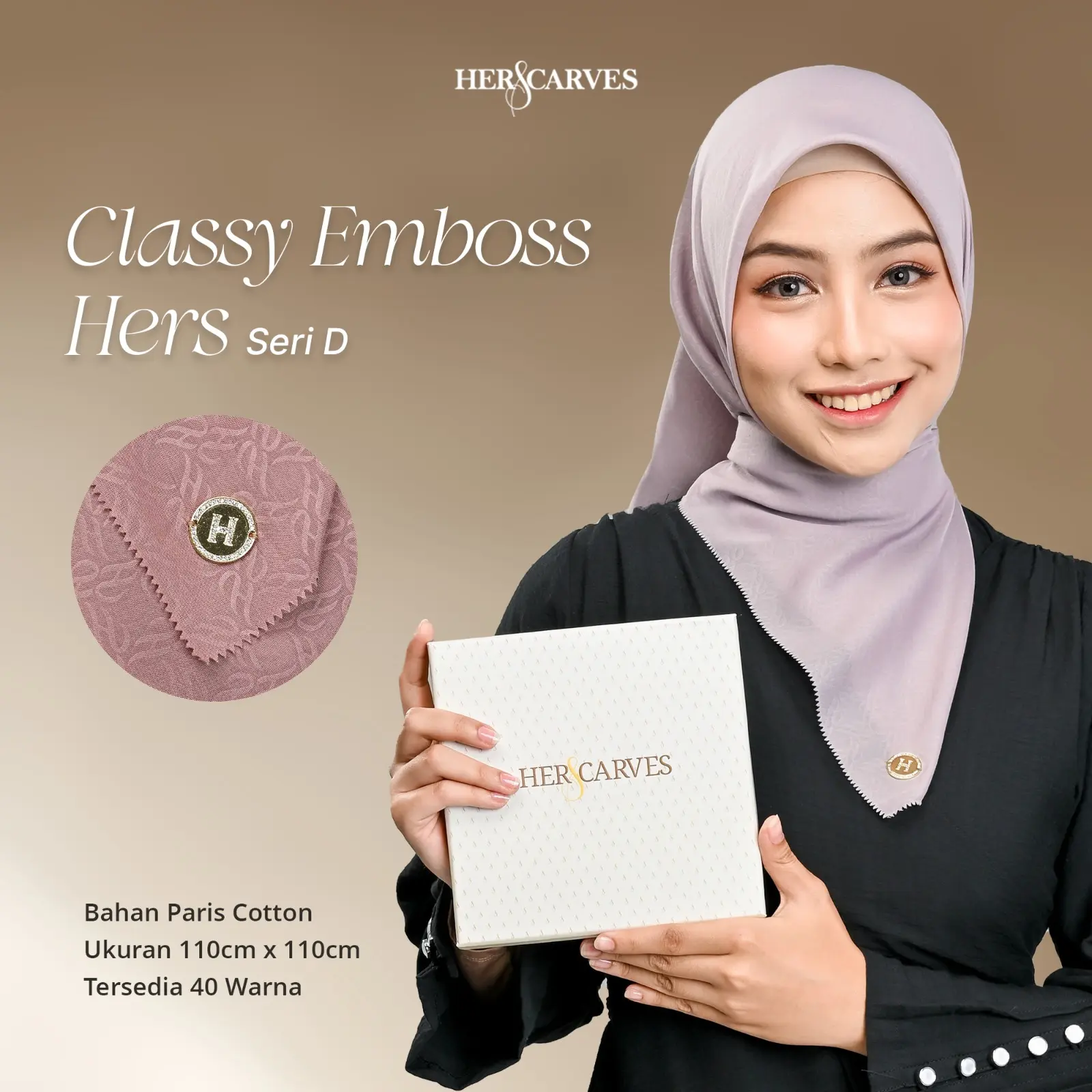 Herscarves Square Hijab Segi Empat Model Embos dengan Logo Kemasan Box Ekslusif Terbaru - Muslim Kerudung Nyaman