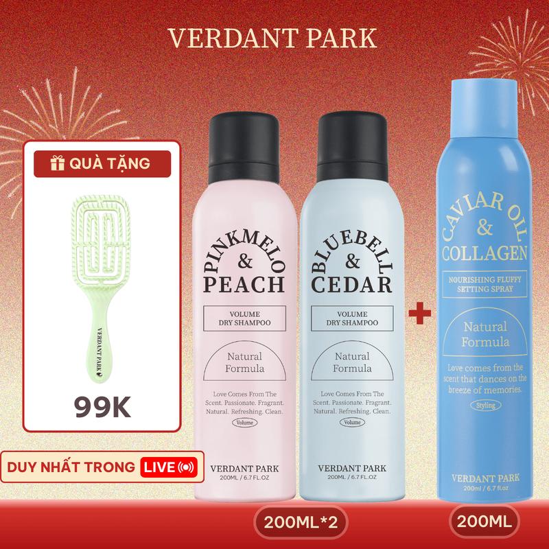  |LIVESTREAM| Combo 2 chai xịt khô phồng tóc và xịt dưỡng giữ phồng tóc VERDANT PARK gel tạo kiểu giữ nếp tóc Caviar Oil & Collagen Nourishing Fluffy Setting Spray dầu gội khô kiềm dầu lâu bết Pinkmelo Peach Bluebell Cedar Jadeitea Amber 