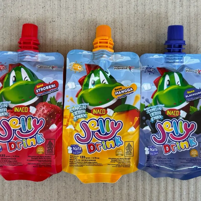 Agen distributor minuman ringan snack cemilan inaco jelly drink with nata de coco rasa strawbery blackcurrant mango stoberi mangga murah berkualitas