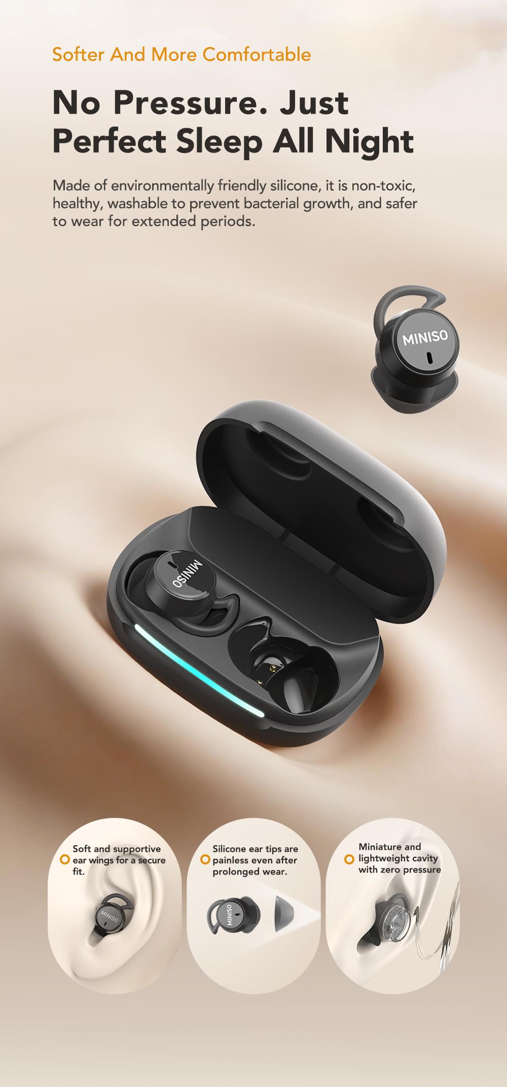 MINISO MS217 Sleep Earbuds, Comfortable, lightweight design, Bluetooth 6.0, IPX5 waterproof, HIFI sound quality, suitable for sleeping, working, studying, and voice calls | Built-in microphone | AI translation