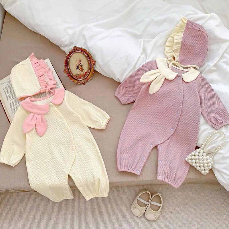 Body Len Tăm Tai Thỏ Dễ Thương Ấm Áp Cho Bé Gái Bodysuit Cho Bé Áo Thu Đông Quần Áo Trẻ Em Size 3-12kg Màu Kem & Hồng