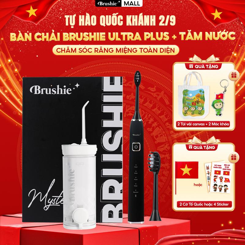 [DEAL SHOCK GIẢM 100K] Combo bàn chải điện Brushie Ultra Plus chính hãng tích hợp đầu rửa mặt và Tăm nước mini Brushie Thập sắc nhỏ gọn - TẶNG 2 TÚI CANVAS + 2 MÓC KHÓA + 4 STICKER + STICKER/CỜ TỔ QUỐC
