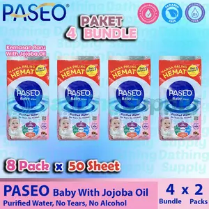 ( PAKET 4 BUNDED ) Tissue PASEO Baby Wipes With Jojoba Oil 50 Sheet / Tissu Tisu Tissu Basah Bayi Bebas Paraben Non Alcohol