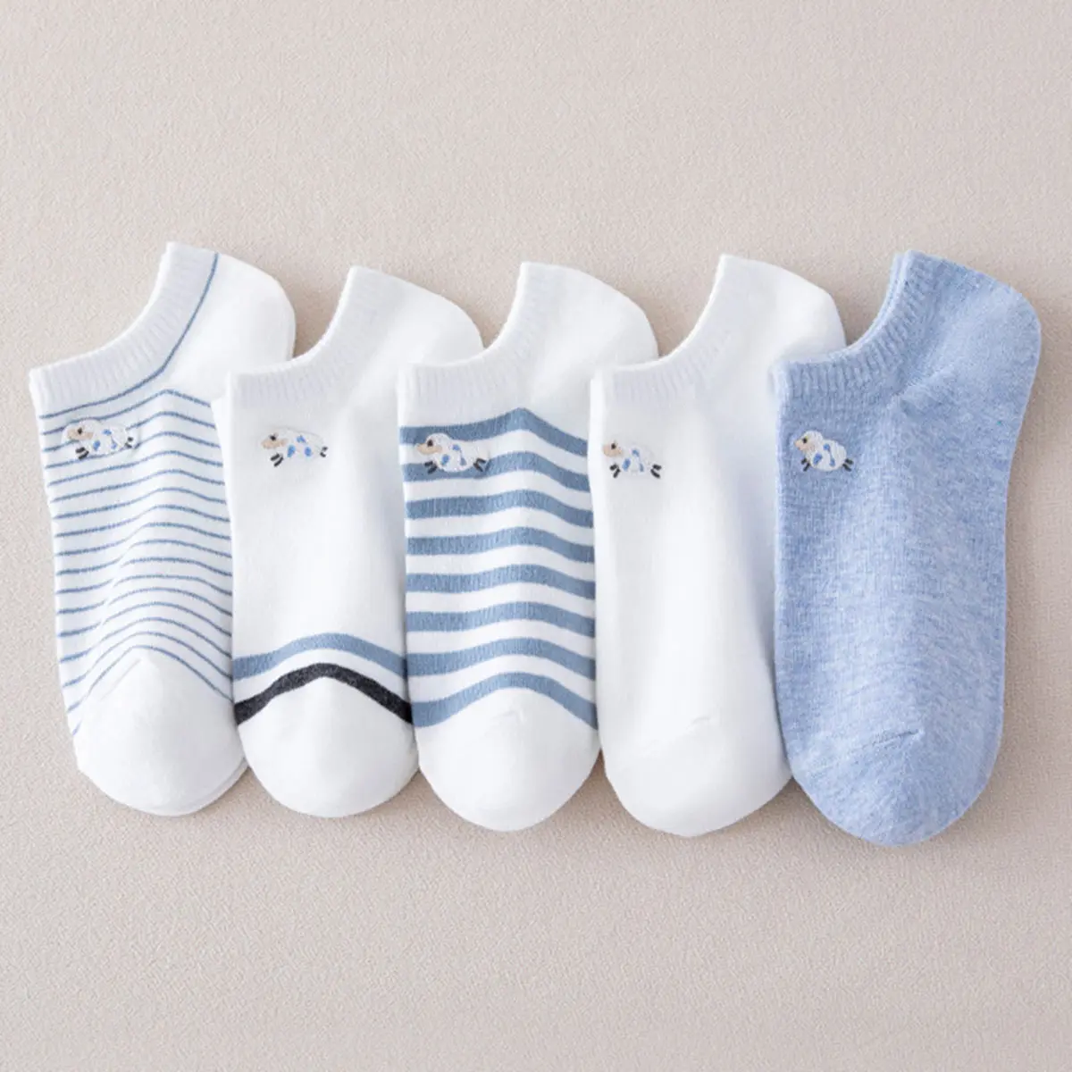Tất Ngắn Thường Ngày Cho Nữ, 5 Đôi, Mùa Xuân Và Mùa Hè, Thêu Dễ Thương, Thiết Kế Cừu Hoạt Hình, Màu Trơn Và Sọc, Phong Cách Kawaii, Tất Cổ Thấp Và Mắt Cá Chân, Sox