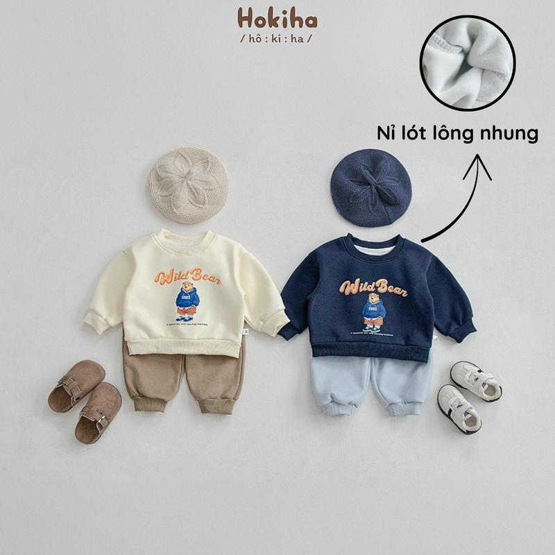 [Hokiha] B182- Bộ quần áo nỉ lót lông nhung cho bé trai bé gái hình gấu đáng yêu vải nỉ mềm mại, ấm áp size 8-17kg
